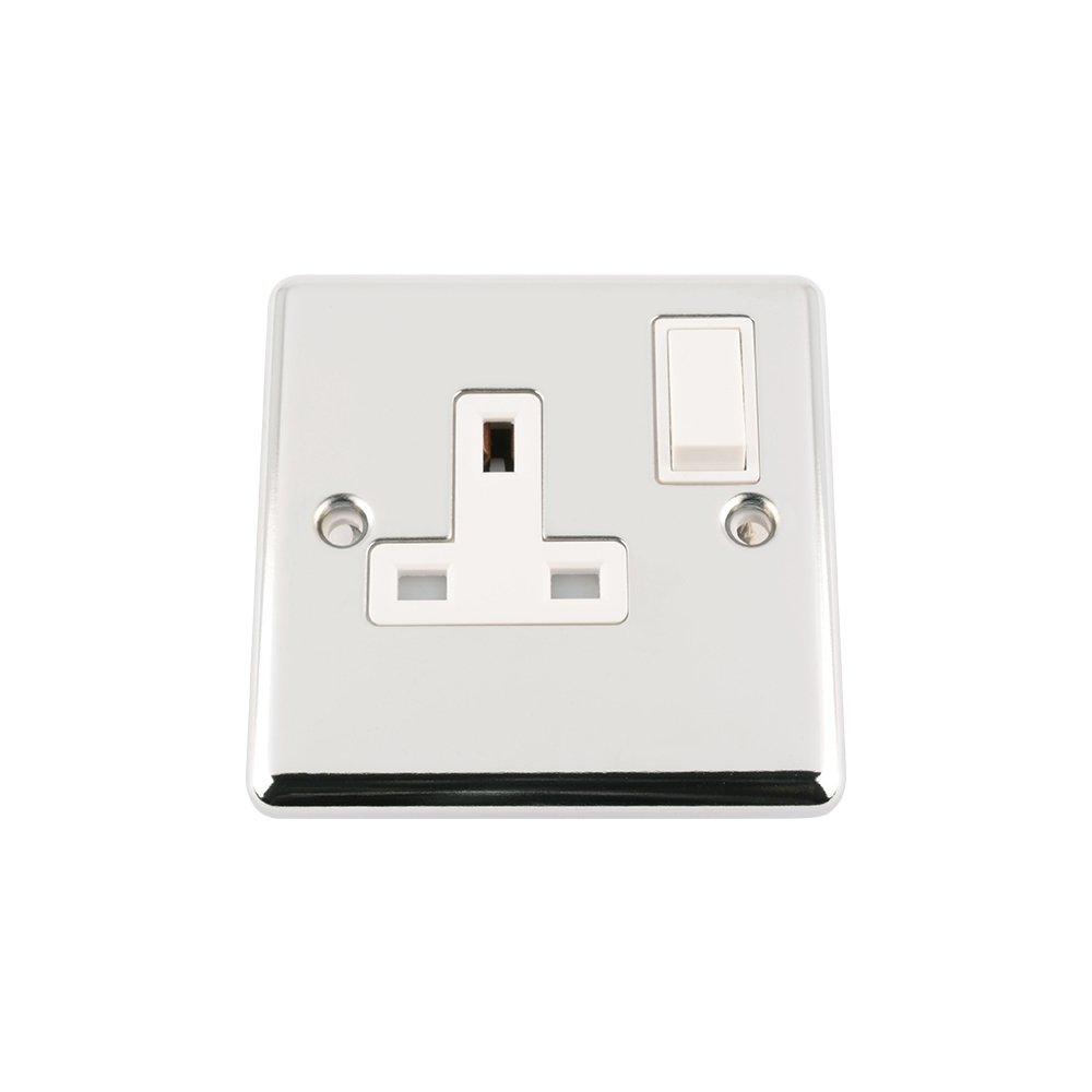 A5 Socket 1 Gang - Polished Chrome - Classic - White Insert Plastic Switch - 13A Single Wall Plug Socket