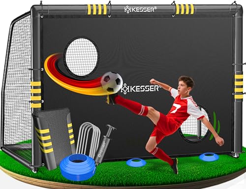 KESSER® Fußballtor – Hochwertiges Fußballtor 180cm mit Torwand, Schusstraining UV-beständigem Netz, Stahlrahmen mit Polsterung, Erdhaken, Luftpumpe, H