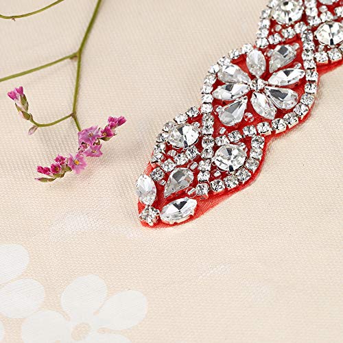 Crystal Applique with Red Back Adhesive, FANGZHIDI Beaded Applique with Silver Rhinestone Claw- Best for DIY on Wedding Dress, Bridal Belt Sash
