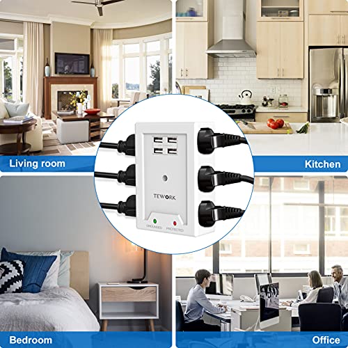 Outlet Extender with USB, 1050 Surge Protector, Multi Plug Outlet Extender with 4 USB Ports, 6-Outlet Wall Mount Adapter Widely Spaced with Top Phone Holder for Home, Dorm Essential, Office-White