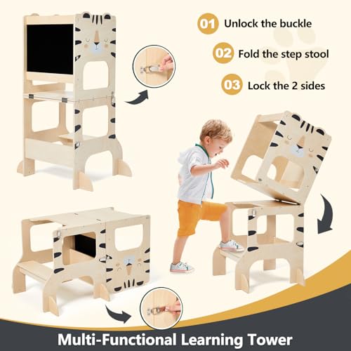 labebe Montessori Tower Children, Multifunctional Montessori Folding Wooden Tower 3 in 1 Learning Tower for Children with Tigers Chalkboard