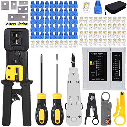 LEATBUY RJ45 Crimping Tool Kit for RJ11/RJ12/CAT5/CAT6/Cat5e, Professional Computer Maintenacnce Lan Cable Tester Network Repair Tool Set,Wire Crimper Wire Connector Stripper Cutter(BLACK)