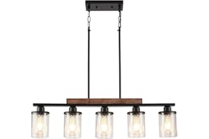 Feohak 5-Light Dining Room Light Fixture,Farmhouse Black Metal and Wood Kitchen Island Light with Glass Shade