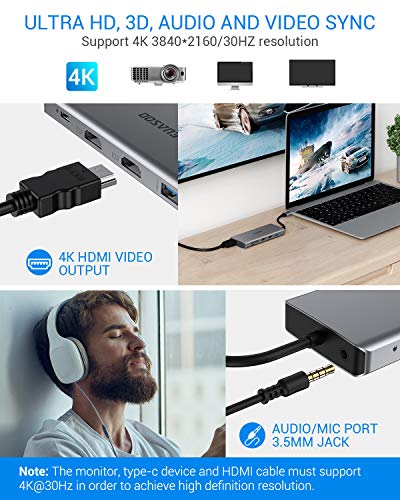 USB C HUB, EUASOO 11 in 1 Triple Display USB C Adapter Docking Station with 2 HDMI, 2 USB3.0, 2 USB2.0, 87W Pd 3.0, Ethernet, SD/TF Card Reader, Audio/Mic 2-in-1 Compatible for MacBook and Windows
