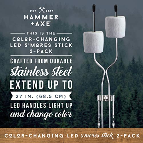 Hammer + Axe LED Marshmallow Roasting Sticks Set, S'mores Toasting Skewers with Color-Changing Light-Up Handles, Best Camping Accessory for Campfire, Cook Hot Dogs Over Bonfire Flame, 2 pk
