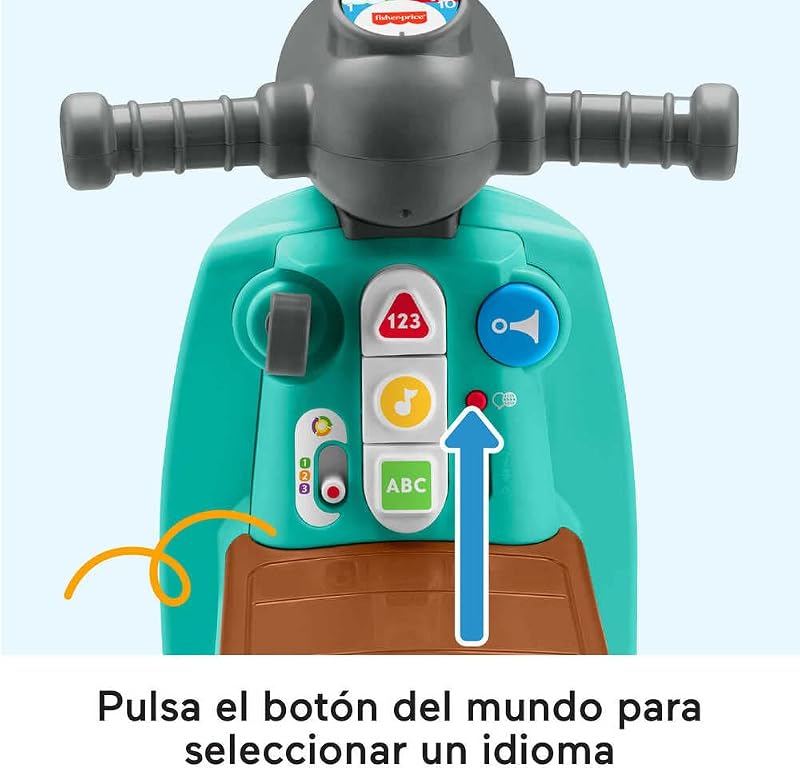 Fisher-price rir e aprender scooter de motocicleta brinquedo de passeio com sons, bebês +1 ano, espanhol + italiano + francês + inglês + alemão + versão holandesa (hmv76)