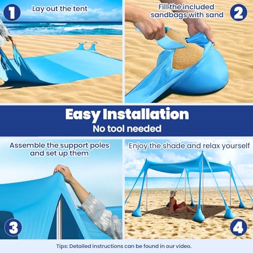 Dsocool Beach Tent Shade Canopy Portable Anti-Wind UPF50+ Protection, 8 Sandbags, 4 Stability Aluminum Poles, Foldable Outdoor Sun Tent for Sand, Camping, Fishing Essentials