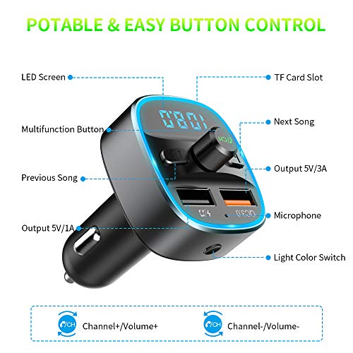 ZEXMTE Bluetooth FM Transmitter for Car QC 3.0 Wireless Bluetooth FM Audio Transmitter Adapter with Hands-Free Calling,Support USB Disk, Universal Bluetooth Transmitter Car kit