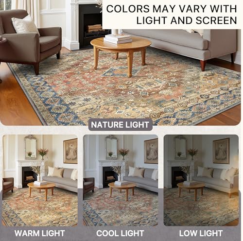 BEIMO Short Pile Living Room Rug, Vintage Non-Slip Washable Rugs, Large Carpet for Living Room, Bedroom, Dining Room, Antique Red, 120X170CM