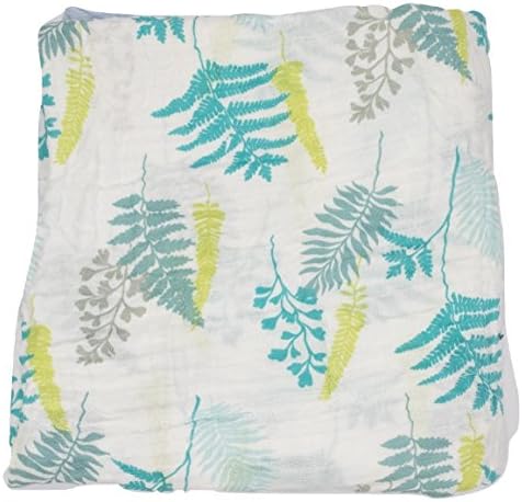 Forever Blanket Organic Cotton Muslin Baby Blanket- 4 Layer (Blue Green Ferns)