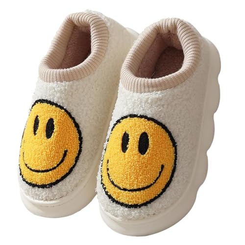 KEYUSHOP Retro Smile Face Slippers for Women Men Cartoon Happy Face Slippers Winter Warm Fuzzy House Shoes, EVA Sole & Cozy Soft Plush Preppy Slipper Indoor Outdoor