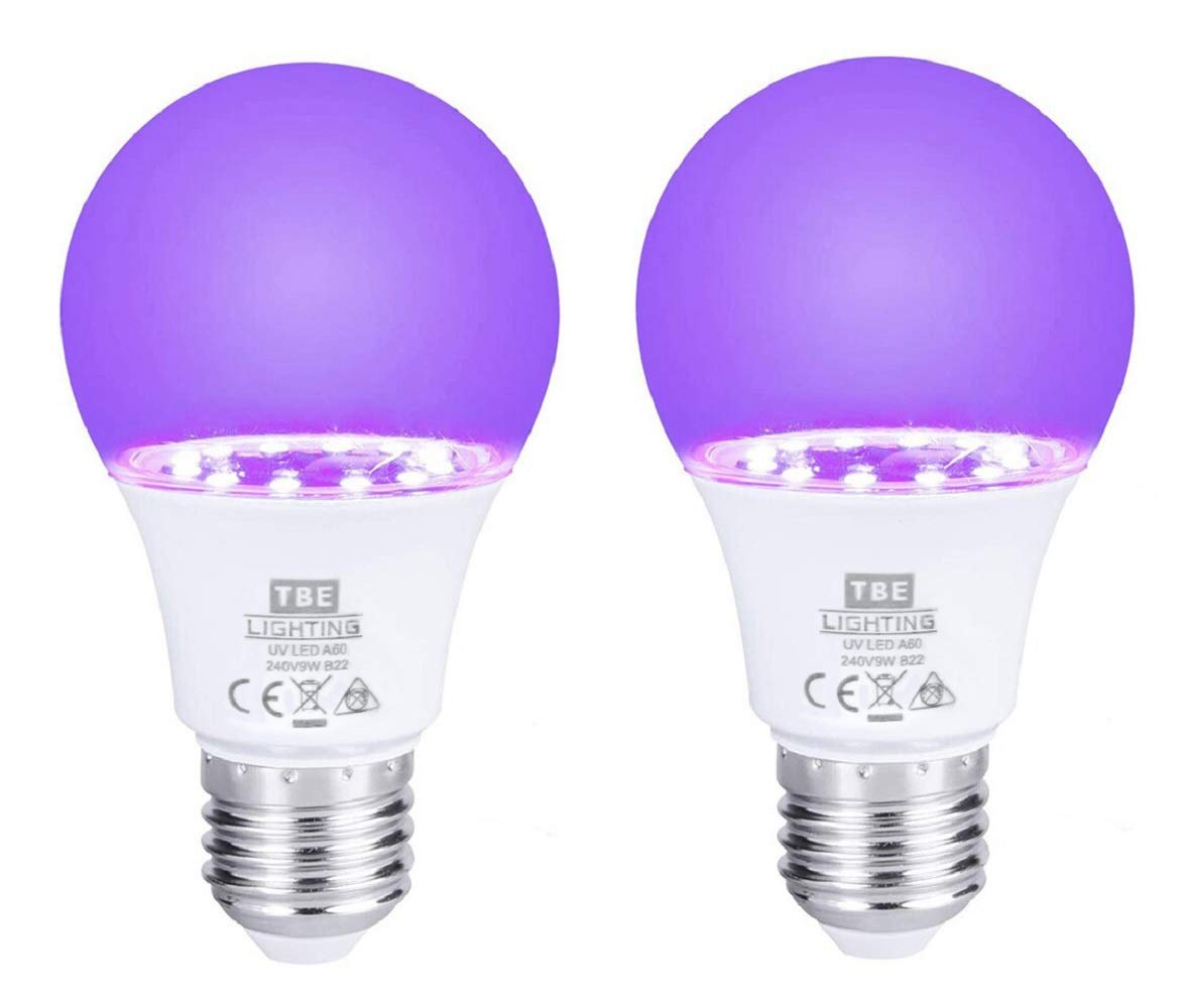 TBE LIGHTING UV LED Bulbs - 2 Pack - 9w Ultra Violet Black Light Bulbs - E27 Standard Screw Fitting - 395-400nm wavelength, Energy Saving Long Life LED A60 Bulb - 20,000Hrs Life Expectancy