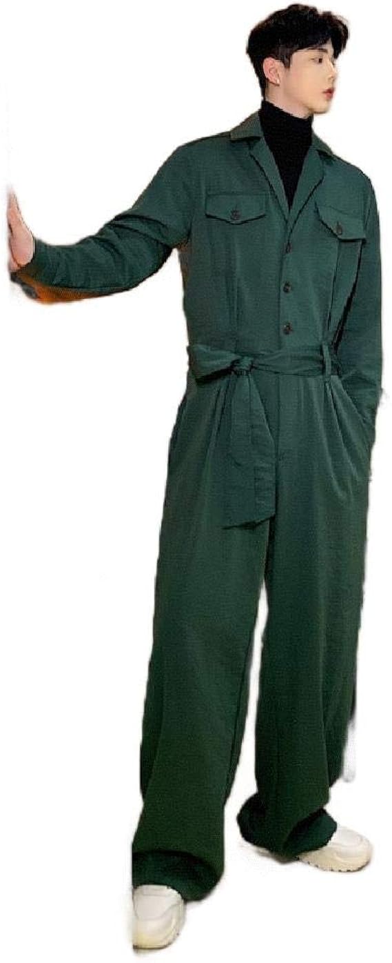 Amazon Godeyesw メンズジャンプスーツ ボタン ダウン ワイド レッグ プレイスーツ 総合カジュアル パンツ Blackish Green L ジーンズ 通販
