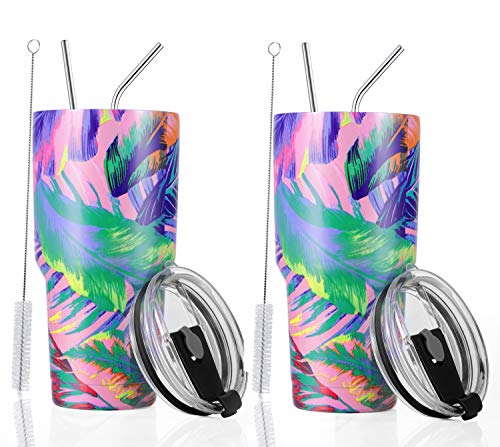 2PCS 30oz Stainless Steel Insulated Tumbler Travel Mug with Straw Slider Lid, Cleaning Brush, Double Wall Vacuum
