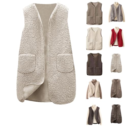 Women'S Gilets Women Teddy Fleece Gilet with Pockets,Button Up V-Neck Sleeveless Body Warmer Vest, Lightweight Soft Plush Waistcoat Teddy Jacket