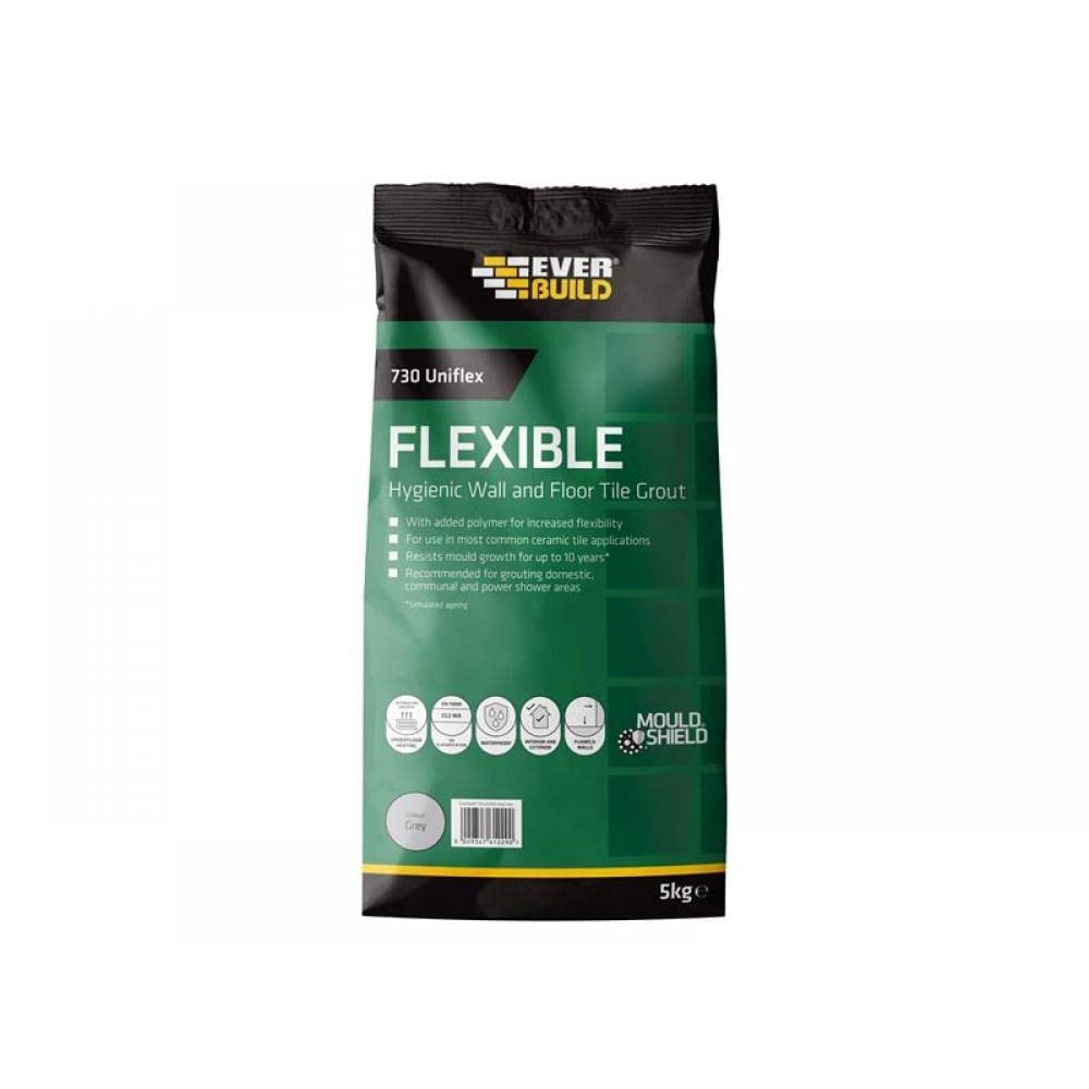 Everbuild 730 Universal Flexible Hygienic Wall and Floor Tile Grout – For Use With Joints Up to 15mm Wide – Grey – 5kg