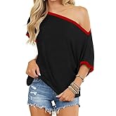 BONITEE Womens Off The Shoulder Shirt Boat Neck Oversized Tshirts Short Sleeve Tops 2026 Summer Casual Loose Clothes Tunic