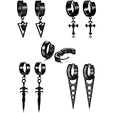 5 Pairs Punk Hip-hop Stainless Steel Black Dagger Geometric Triangle Cross Sword Dangle Surgical Huggie Hoop Earrings Set Gift for Men Women Teen
