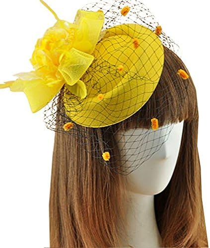 SportsWell Fascinator Hats Pillbox Feather Flower Veil Headwear Wedding Party Hat Yellow One Size