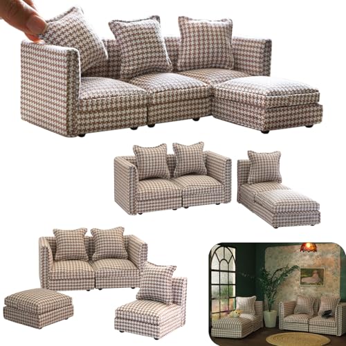 iLAND Dollhouse Furniture Miniature Sectional Couch Set for Doll House Décor Fit 1/12 Scale Accessories, Modern Brown Houndstooth Sofa Timeless & Classic