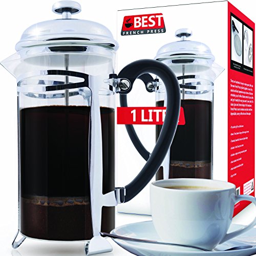 Best French Press Coffee Maker (Ultra Fine Filtration)  1 Liter (34 Ounce) Brews 4 Cups of Coffee, Extra Fine Stainless Steel Filtration, Cafetiere, Extras Included!