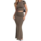 CHYRII Womens Two Piece Sets Short Sleeve Crewneck Cropped Top Bodycon Fold Over Maxi Skirt Maxi Dress Outfit