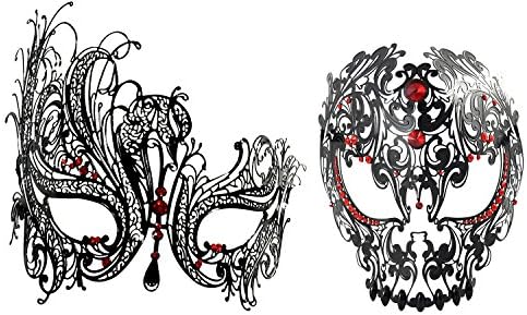 1Bay Beautiful Christmas Pair Black Swan Collection Sexy Couple Masquerade Mask with Red Rhinestones.