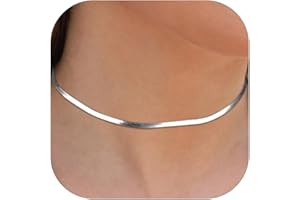 FOCALOOK Snake Chain Necklaces for Women, Fashion Herringbone Choker Necklace Stainless Steel/Gold Plated Flat Snake Chain 3/