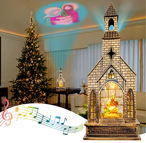 Christmas Snow Globes Lighted Water Lantern Glittering with Music, Battery Operated&USB Powered with 8 Songs &Timer, Nativity Water Globe Church Lantern for Christmas Home Decorations
