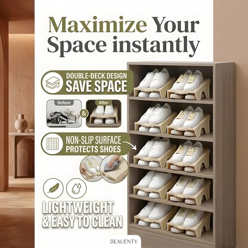 Beauenty 10 pcs Shoe Slots Organizer,Stackable - Durable Shoe Slot Organizer for Closet & Shelf, Space Saver,Fits Most Shoes(Beige)