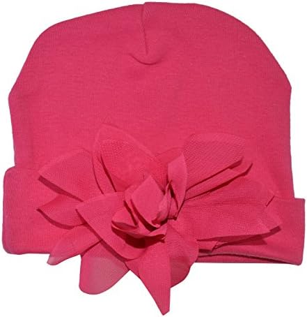 PLH Bows Cotton Beanie with Large, Removable Chiffon Flower for Infants (Fuchsia)