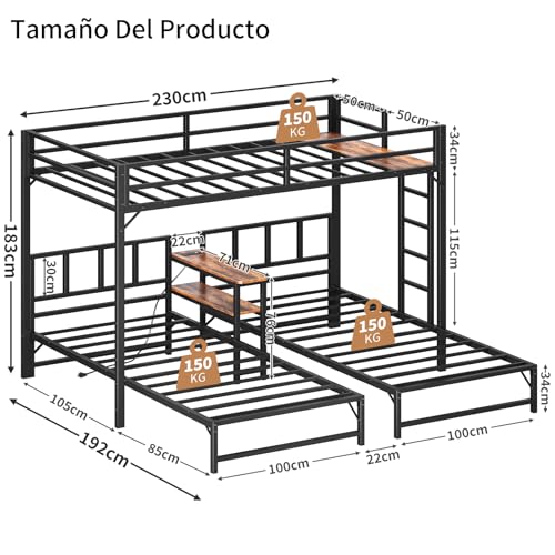 Simple Wisdom Literas de 3 Camas,Literas Individuales Tiene Tres Base Cama Individual,Litera Triple con Mesa,Equipado con Barandillas y Escaleras,La Base Metal es Resistente y Estable (Color Retro)