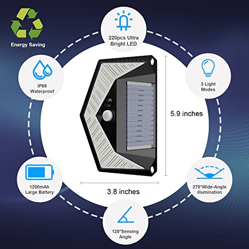 Solar Outdoor Lights 220 LEDs Super Bright, Motion Sensor Outdoor Lights with 3 Lighting Modes and 270° Lighting Angle, IP65 Waterproof Security Solar Wall Lights for Garden Patio Yard Fence (2Pack)