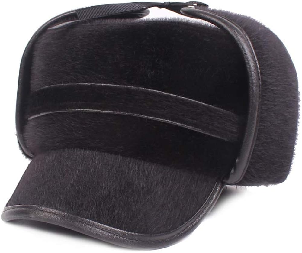 Men's thick wool winter baseball cap with ear flaps, faux fur ear flap