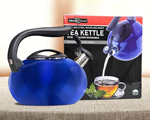 2.8 Quart Tea Kettle, Food Grade Tea Kettles Stovetop, Whistling Tea Pots for Stove Top, Anti-Rust Stainless Steel Water Kettle with Thumb Press Cover and Lid, 12 Cup Blue Tea Kettle Pot