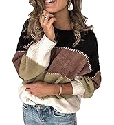 Asvivid Womens Fashion Color Block Sweater Long Sleeve Crewneck Pullover Casual Loose Fall Knit J...