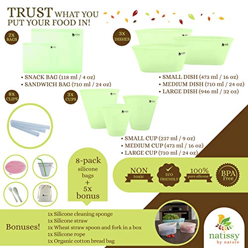 Sacchetti Silicone per Alimenti Riutilizzabili, 8 Pezzi Sacchetti Alimenti Richiudibili Gelo senza BPA, Buste per Congelare, Borse Ecologiche Freezer con Zip, Silicone Bags per Congelatore, Conservare