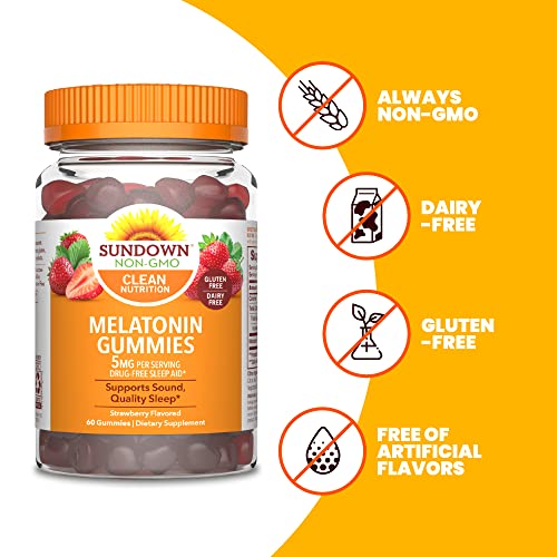 SUNDOWN MELATONIN 5MG GUMMIES FOR SLEEP SUPPORT, NON-GMO, DAIRY-FREE, GLUTEN-FREE, NATURAL STRAWBERRY FLAVOR, 60 COUNT