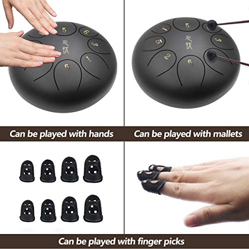 ZHRUNS Steel Tongue Drum, Percussion Instrument Tank Drum or Hand Drum with Carring Bag and Mallets, Music Book, Finger Picks (8 Note, black) - Thumbnail 2