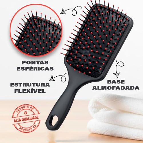 Escova de Cabelo Raquete Almofadada - Cerdas Macias, Anti Frizz, Aniti Quebra Profissional PREMIUM - Cor PRETA
