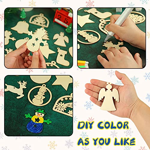 Koogel 70 Pcs Unfinished Christmas Wooden Ornaments，14 Styles Wooden Christmas Ornament Unfinished Blank Wood Slices for Decorate Christmas Tree Fireplace Windows