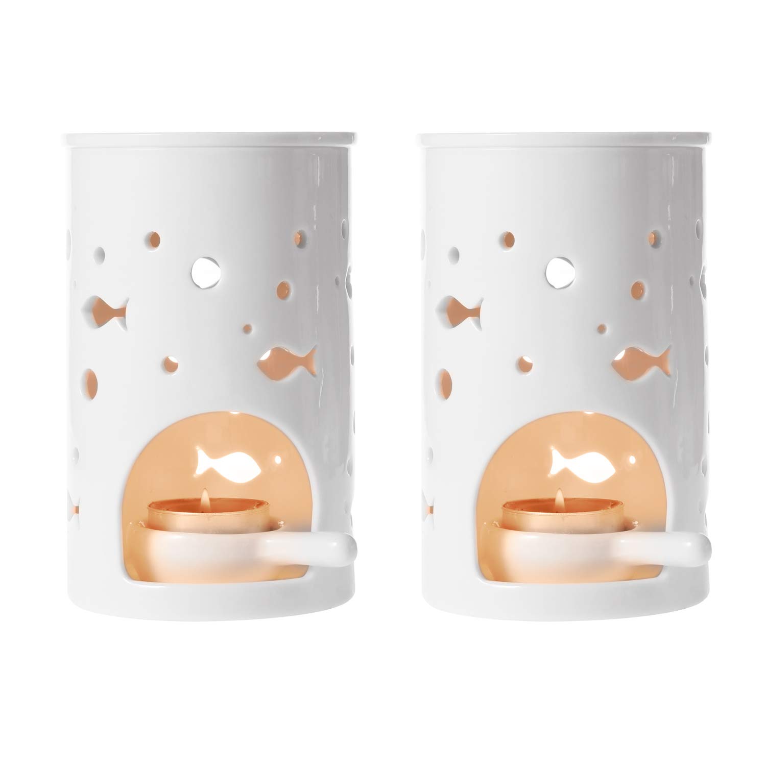 T4U Ceramic Tealight Candle Holder Oil Burner, Essential Oil Incense Aroma Diffuser Furnace Home Decoration Romantic White Set of 2, Fish Pattern
