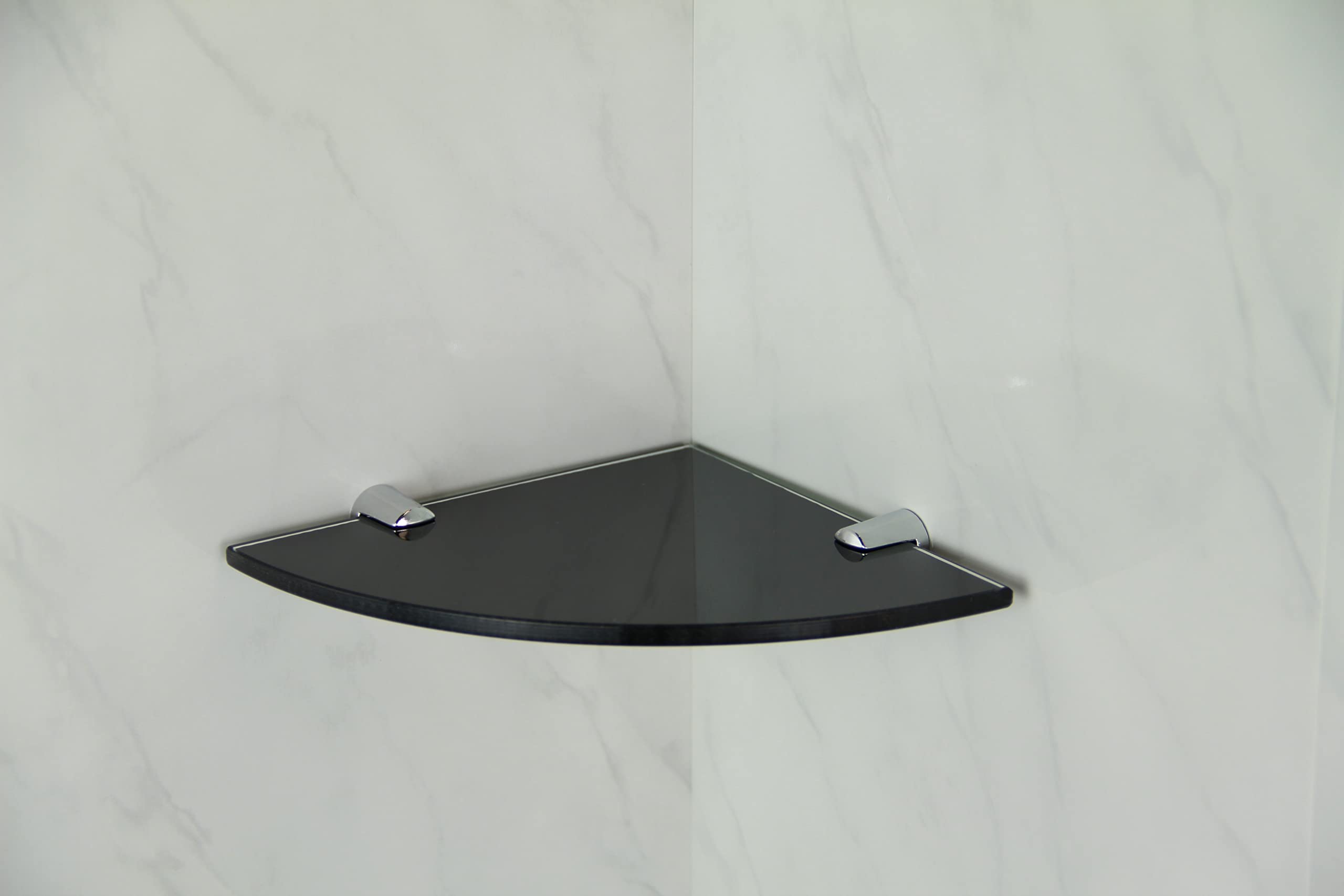 BSM Marketing Black 150mm (6" Approx) 6mm Thickness Toughened Glass Corner Shelves for Bathroom Bedroom Kitchen Office with Chrome Finish Shelf Supports