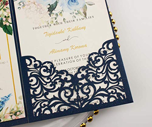 1set 5x7 inch 250gsm Navy Blue Laser Cut Hollow Vine tri fold Pocket Wedding Invitations Cards with Envelopes for Wedding Bridal Shower Invites
