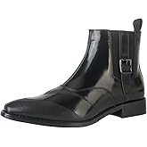 POTENCE STAR Men's Patent Leather Ankle Boots, Buckle Strap Chelsea Boots with Textured Toe, Stylish Dress Boots for Work &amp; Daily