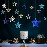 Okloy 28pcs Star Party Decoration, 4 Pack 3D Glitter Star Blue Silver Gold Colorful Bling Hanging Paper Garland, Birthday Wedding Baby Kids Room Christmas Decorations