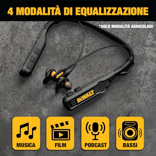 DEWALT Neckband 2-in-1 Heavy Duty Bluetooth Headphones, Wireless Earphones with Built-in Speakers, 60+ Hours Autonomy HD Microphone, IP56 Waterproof, Ideal for Construction Site, Workshop and Outdoor Black