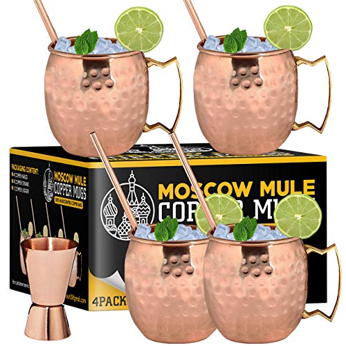 Moscow Mule Copper Mugs - Set of 4, 100% Pure and HANDCRAFTED - Food Safe Pure Solid Copper Mugs - 16 oz Gift Set with BONUS: Highest Quality Cocktail Copper Straws and Jigger! (Copper, 16oz)