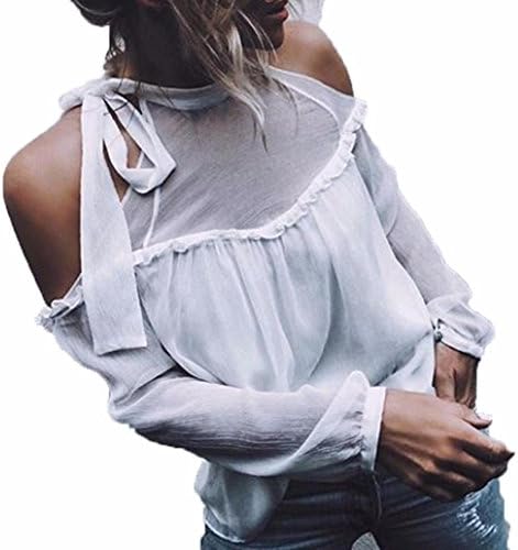 Spbamboo Women Off Shoulder Pure Chiffon Long Sleeve Bandage Halter Tops Blouse