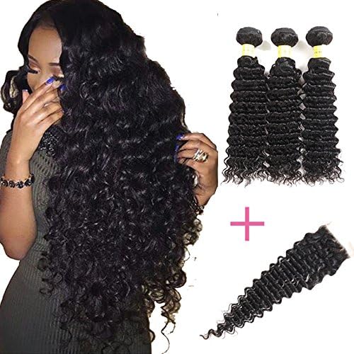YePei Brazilian Virgin Deep Wave Hair 3 Bundles With Free Part Lace Closure 100% Unprocessed Human Hair Weave Weft(10 10 10 with 10)
